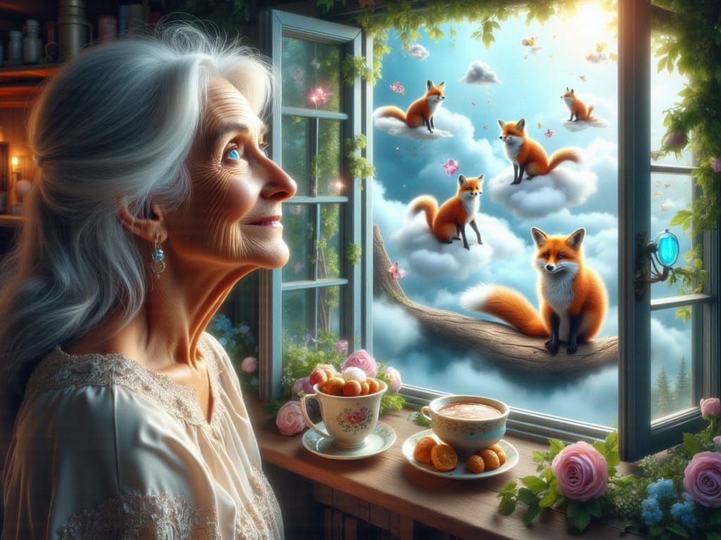 <lora:FiosWindowMagic:1.0> Florence's Foxy Garden Tea party