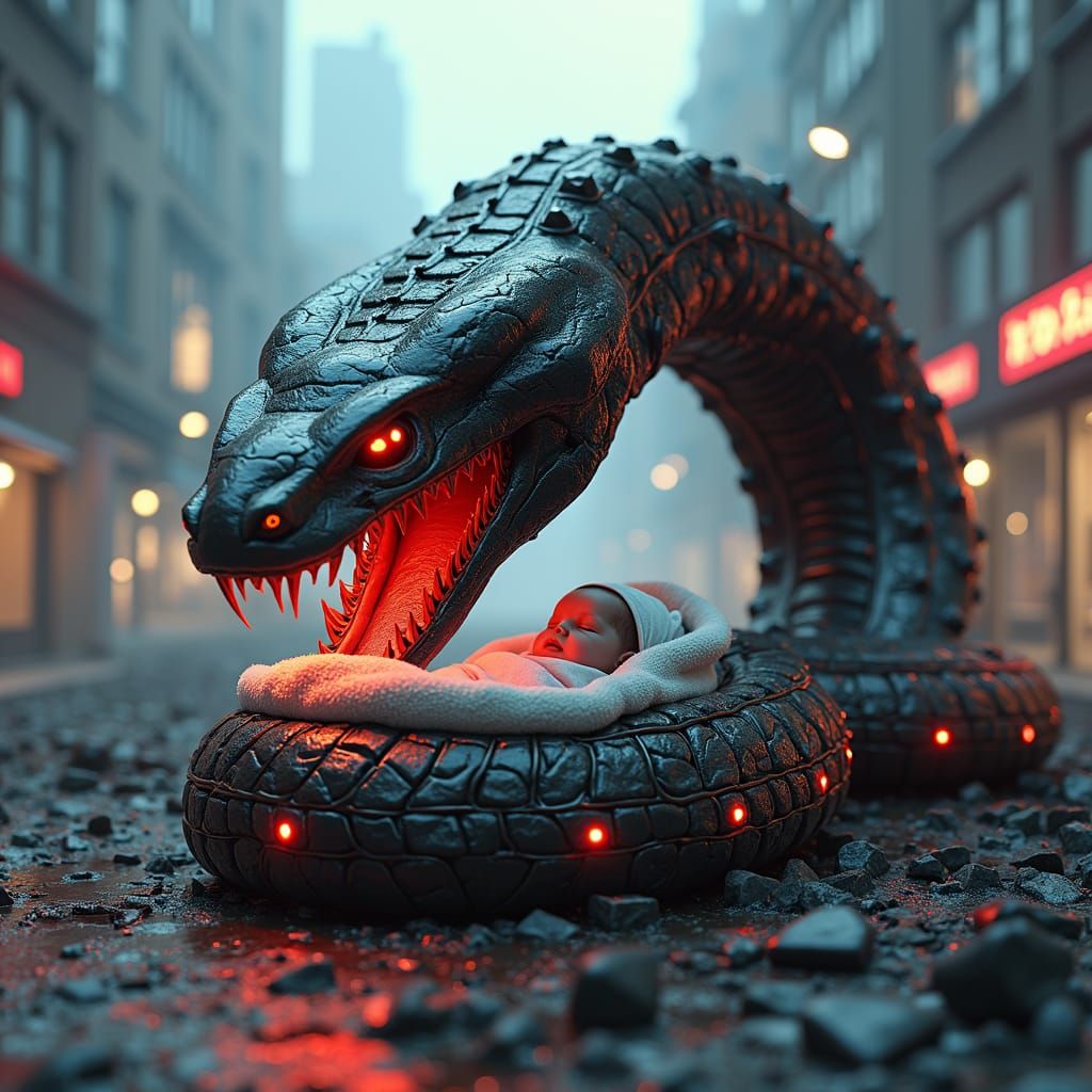 Snake  in the shape of a car eating a baby