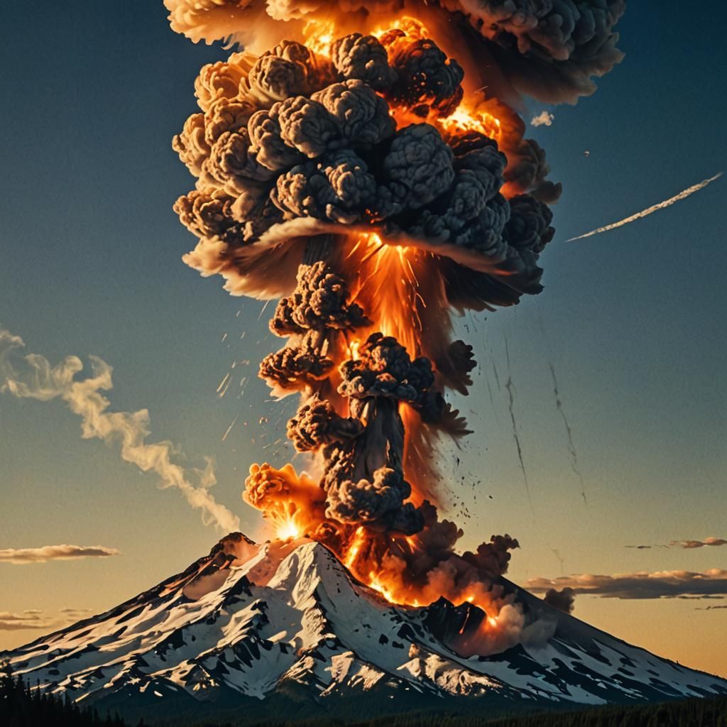 A nuclear bomb exploding on Mt. Hood, removing it's top, orange mushroom cloud, fire,