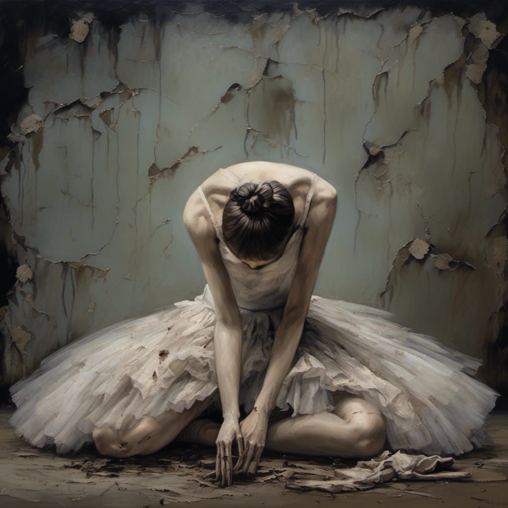 Beautiful Broken cracked ballerina, sad morose portraiture, perfect anatomy, creepy detailed background, detailed <lora:cr33py:0.6>
