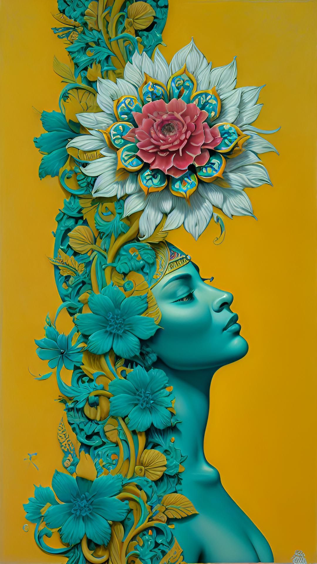 Ornate floral design, woman as detailed depiction of a styli...