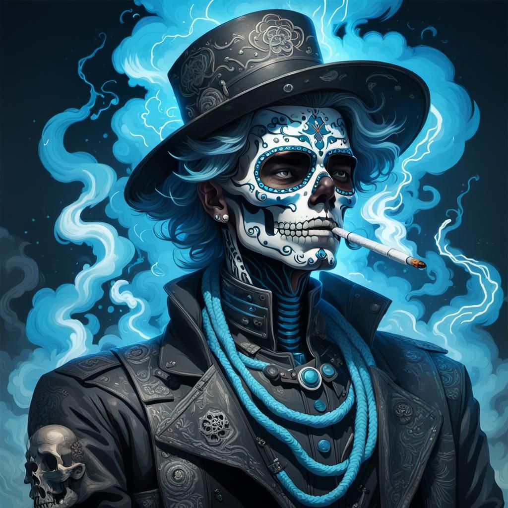 Black rust 1948 Day of the Dead rock star man smoking with s...