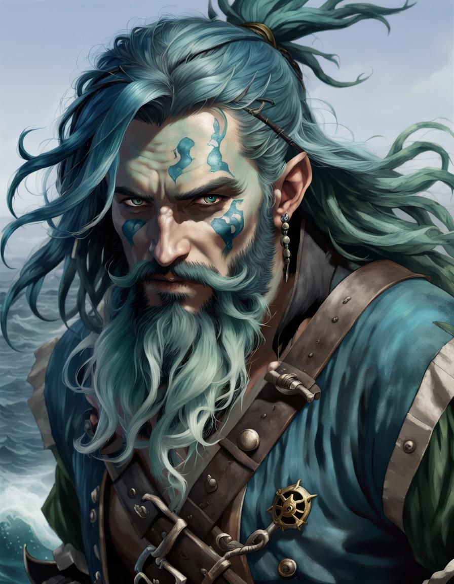 Water Genasi Pirate, male, blue skin, dark green hair, full beard ...