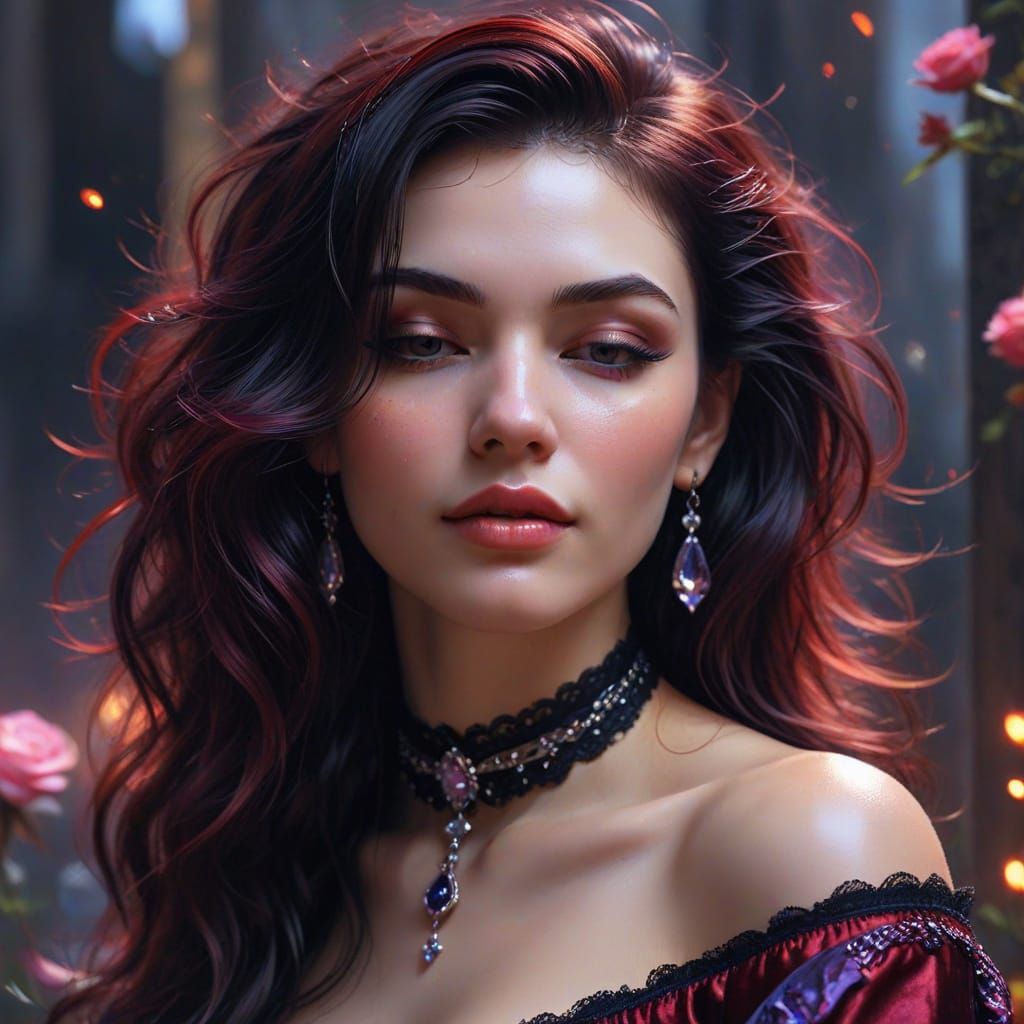 <lora:Romantic Goth:0.7> <lora:Beautiful women:0.7> <lora:divineOil:1.0> Soft natural romantic goth close-up head-shot fantasy portrait by M...