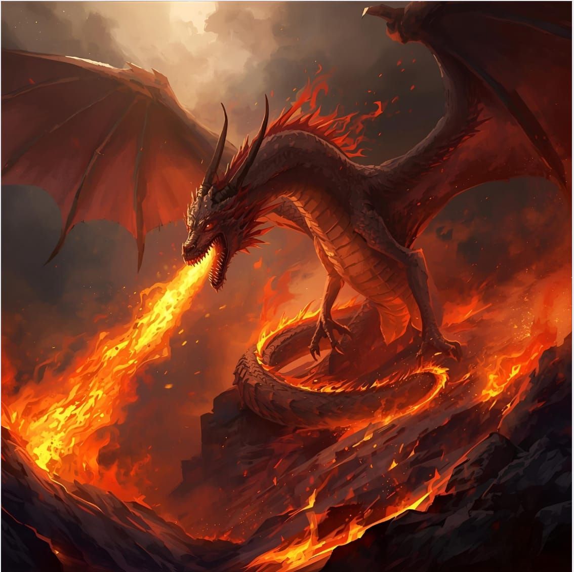 A great Fire dragon erupting blasts of fire onto a magma mou...