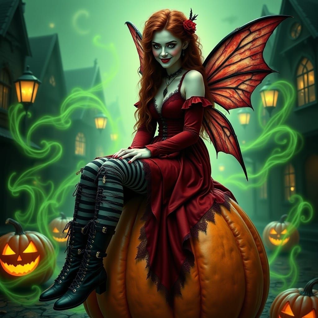 <lora:Halloween Fairies:1.0> A stunning Victorian-era inspired vampire-fairy, resplendent in a lavish, long, red mismatched silks and lace d...
