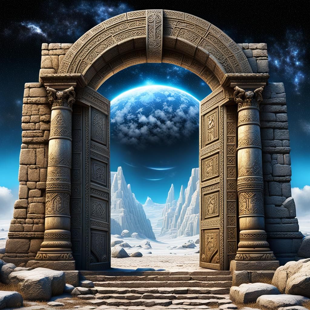 a large doorway with a sky background and a stairway leading to it, stargate, ancient ruins background, doors that are cosmic portals, ancie...