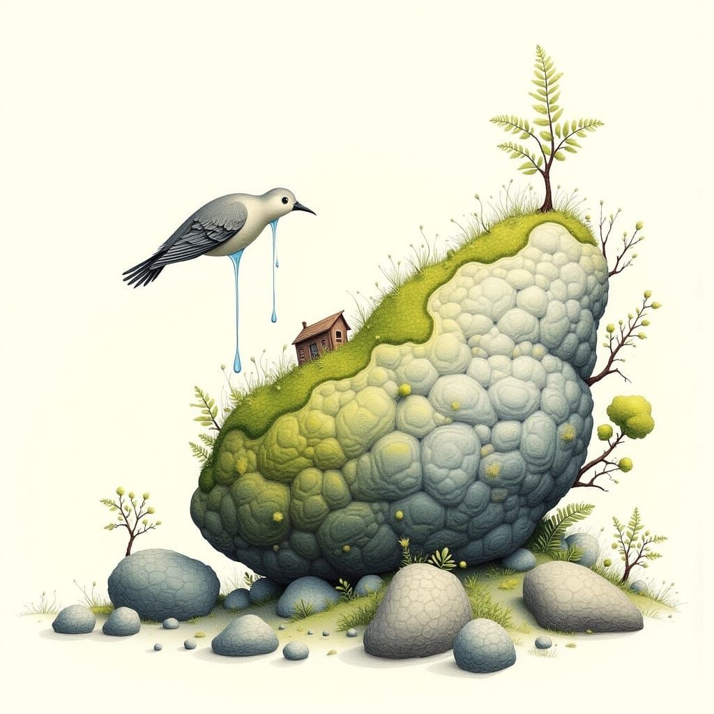 <lora:fract:1.0> a mossy rock with a little water on its weathered surface that a bird drinks. By Susan Wheeler, Eve Tharlet, Randolph Calde...