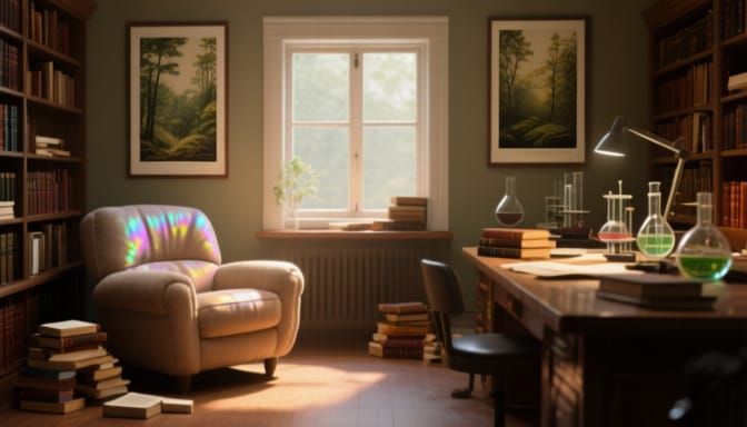 sciencey study room with library and big soft chair