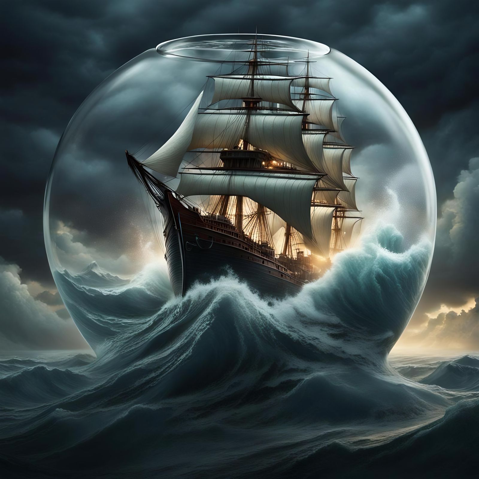 Ship in a big storm inside of a glass bottle Epic cinematic brilliant stunning intricate meticulously ...  by @Thom