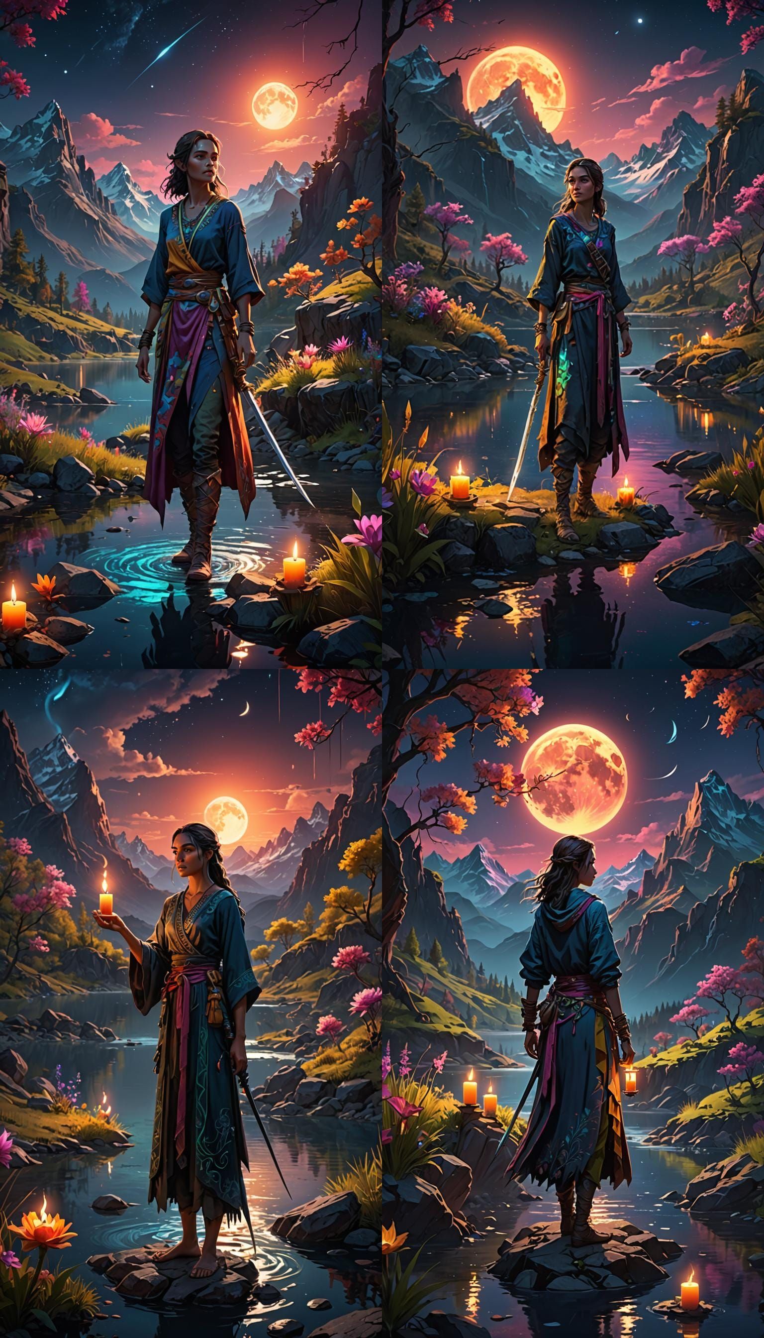 Moonlit night, lake and river streams, Neon Wildlife, radian...
