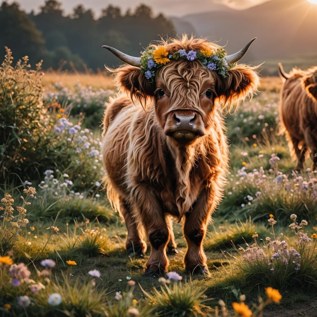 adorable baby highland cow with a wild flower crown in the s...