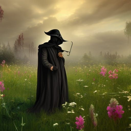 a plague doctor in a field of wild flower