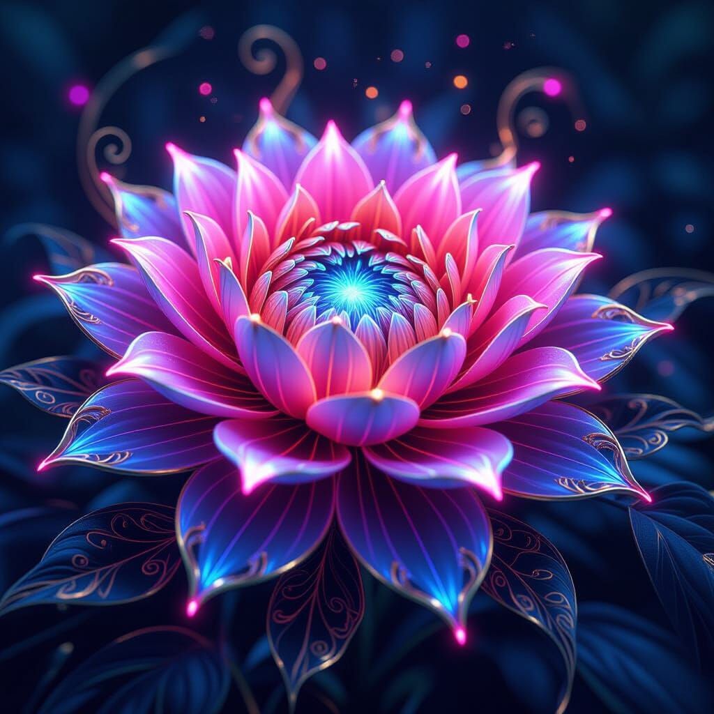 Cyberpunk Flower with Neon Petals and Gold Filigree