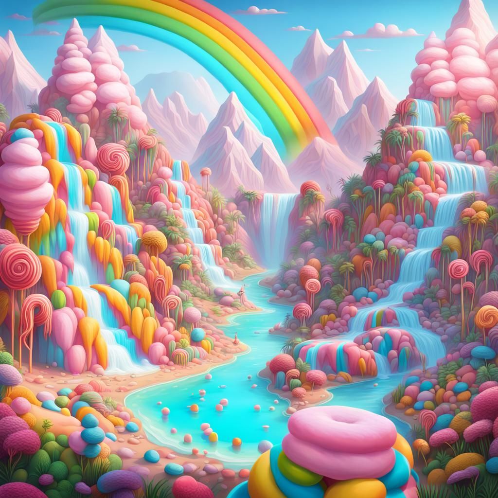 Candyfloss mountains, with sugarcane river and rainbow slushie falls in wonderland 
  by @Dorian