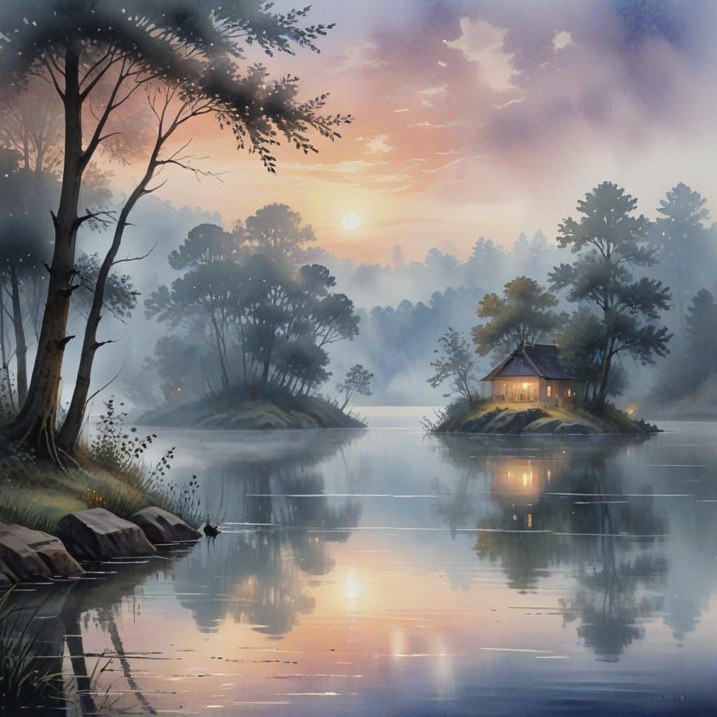 Evening on the lake. fog over the water, romantic mood and peace. in the style of 18th-century watercolors ...  by @Tatiana Kolganova