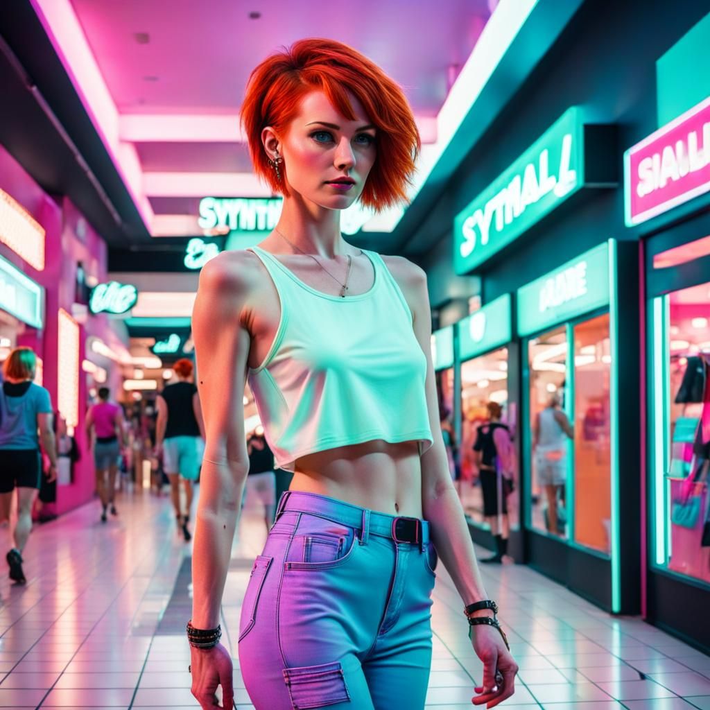 Barefoot redhead girl with a pixie cut in a synthwave mall