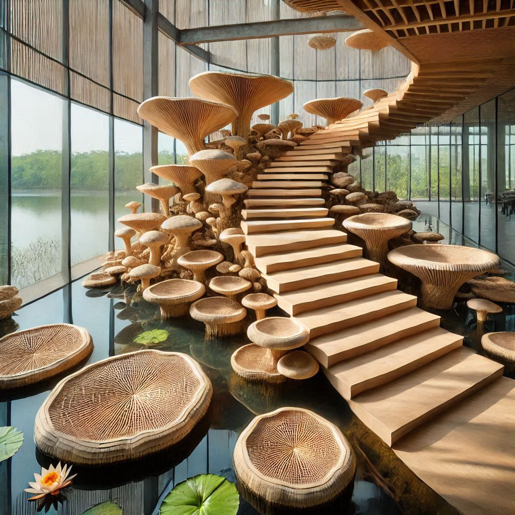 wooden stairs designed in the shape of huge and small mushrooms, mycelium around each part, in a huge room with glass wa...