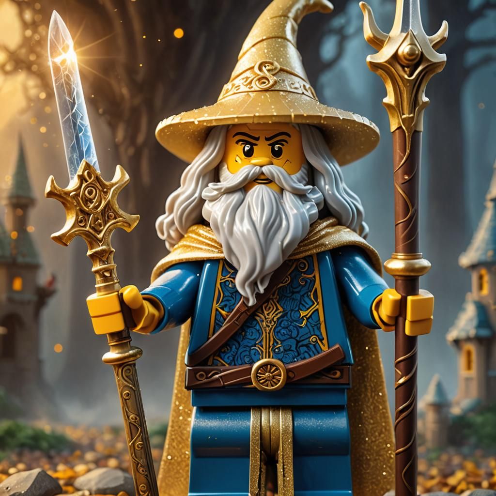 An old but strong looking Lego minifig wizard holding a dagg...