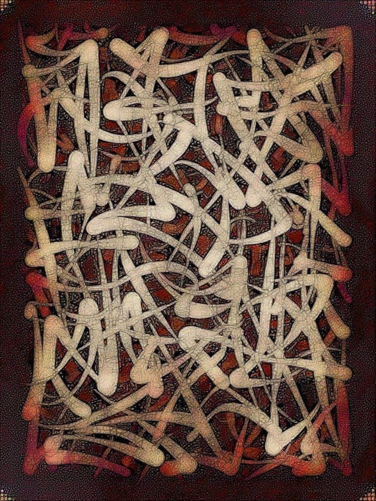 <lora:new asemic:1.0>bold  abstract text asemic calligraphy in shades of dark brown white and crimson on a dark background with a creases an...