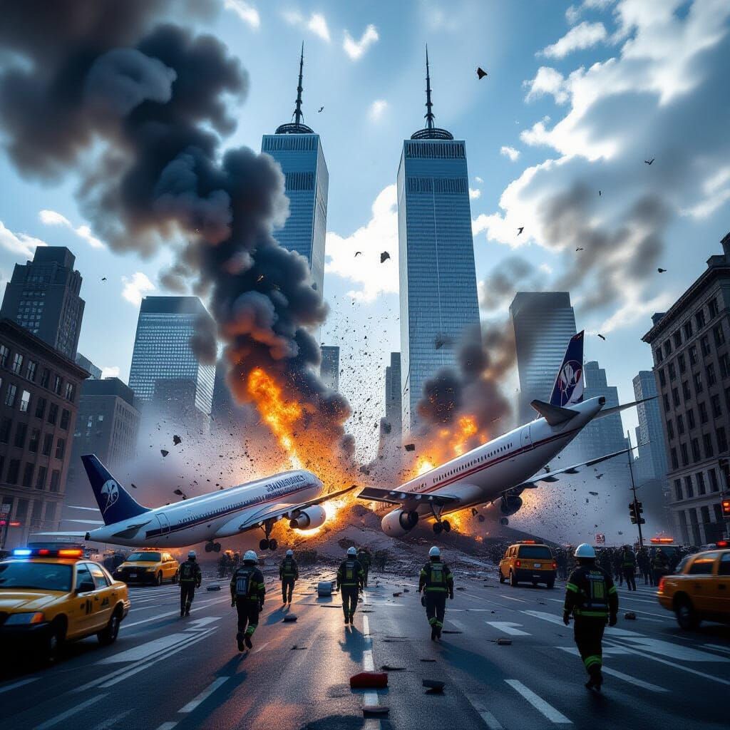 Airplanes Strike Twin Towers in Realistic Style
