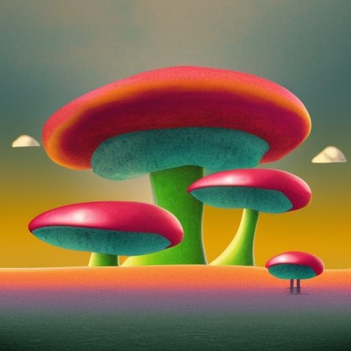 a surreal landscape with floating islands, giant mushrooms, ...