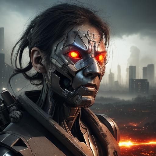 super hero cyborg with laser eyes. destroying a city.