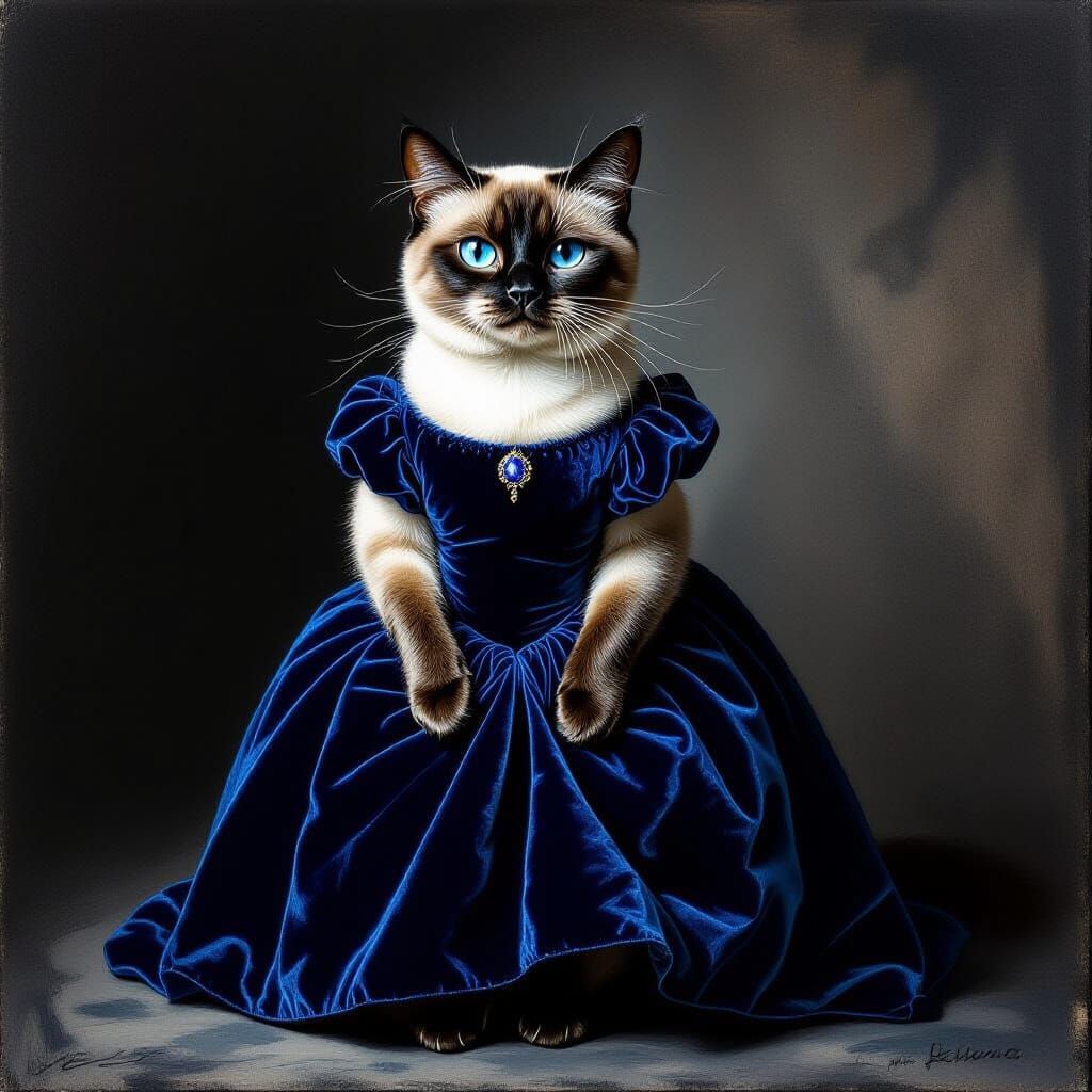Regal Siamese Cat in Sapphire Dress Charcoal Drawing
