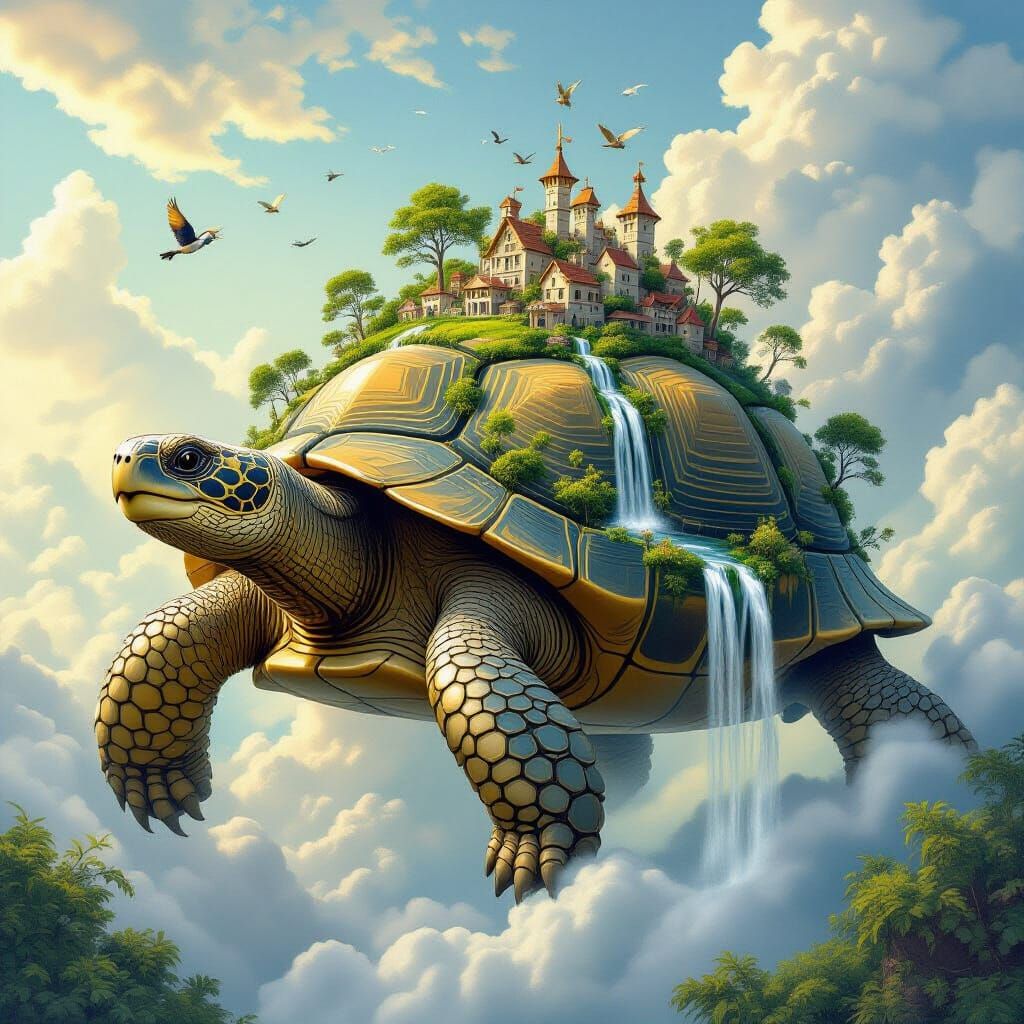 A colossal, ancient tortoise, its shell encrusted with a miniature jungle and waterfalls, drifts slowly through an endless sky. Tiny village...