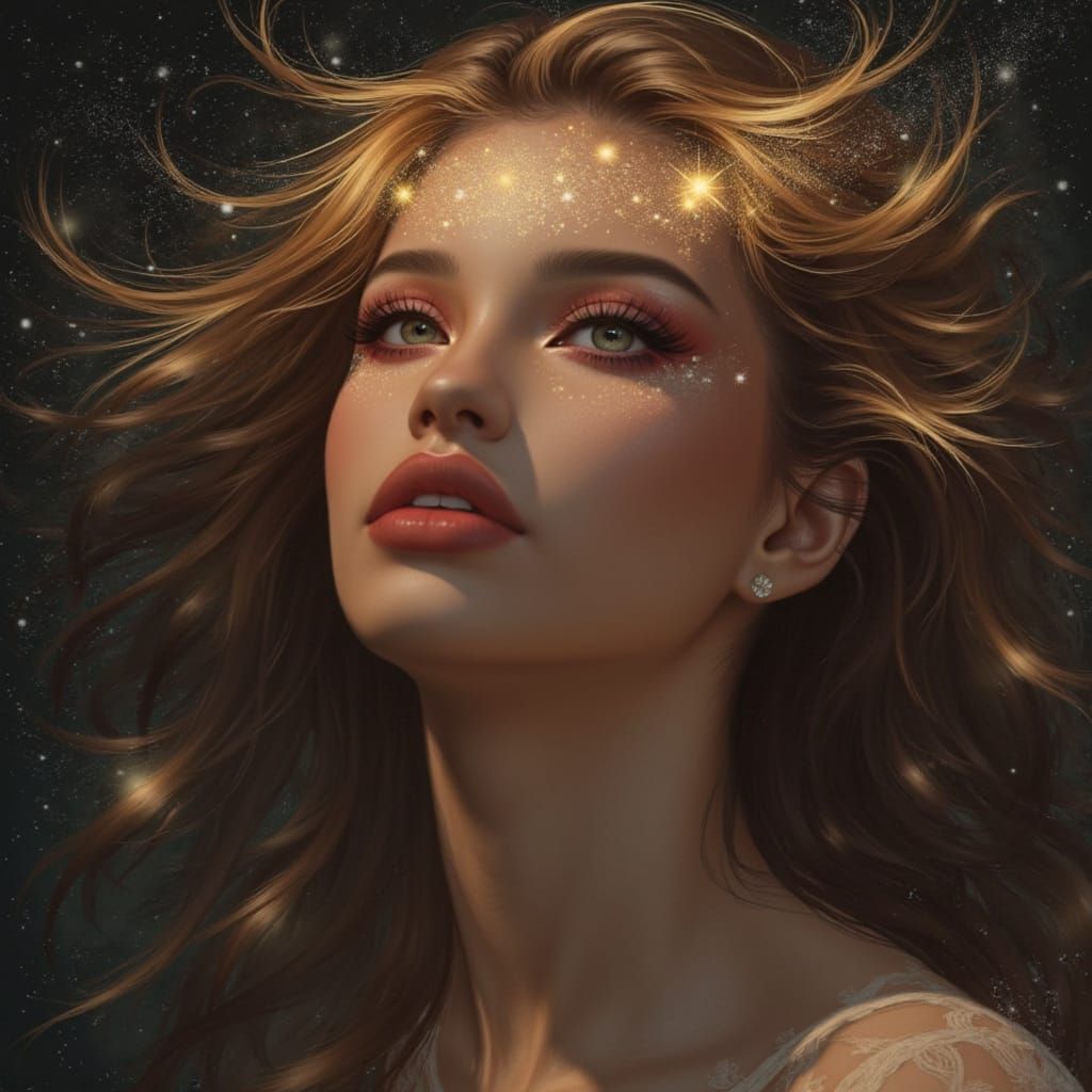 <lora:my face:1.0> A close up of a beautiful women giving thanks to the universe hair blowing face lit up with the stars and moon