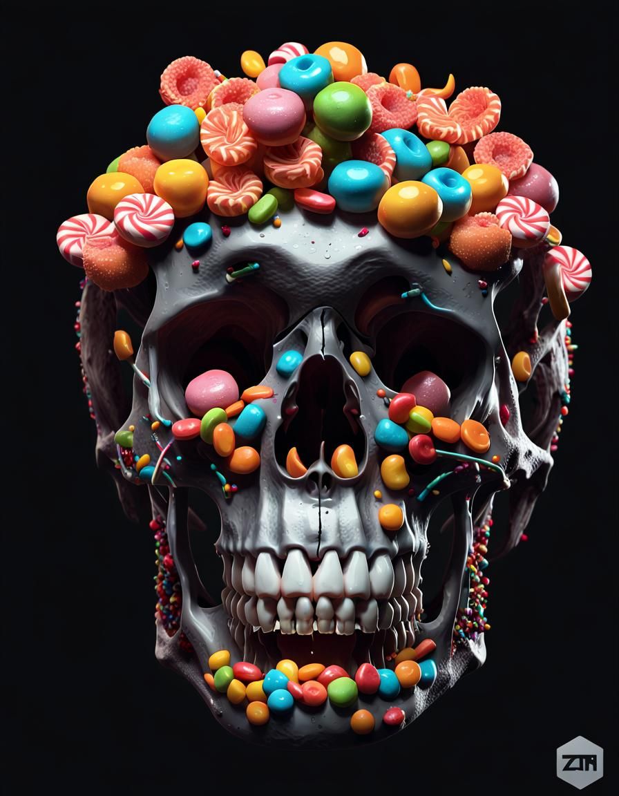 skull with a lot of food on it's head, digital art, zbrush c...