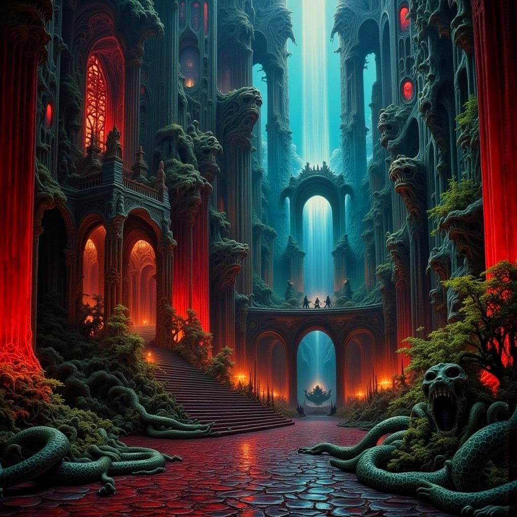 Gothic Cathedral with Glowing Waterfalls and Ancient Pillars