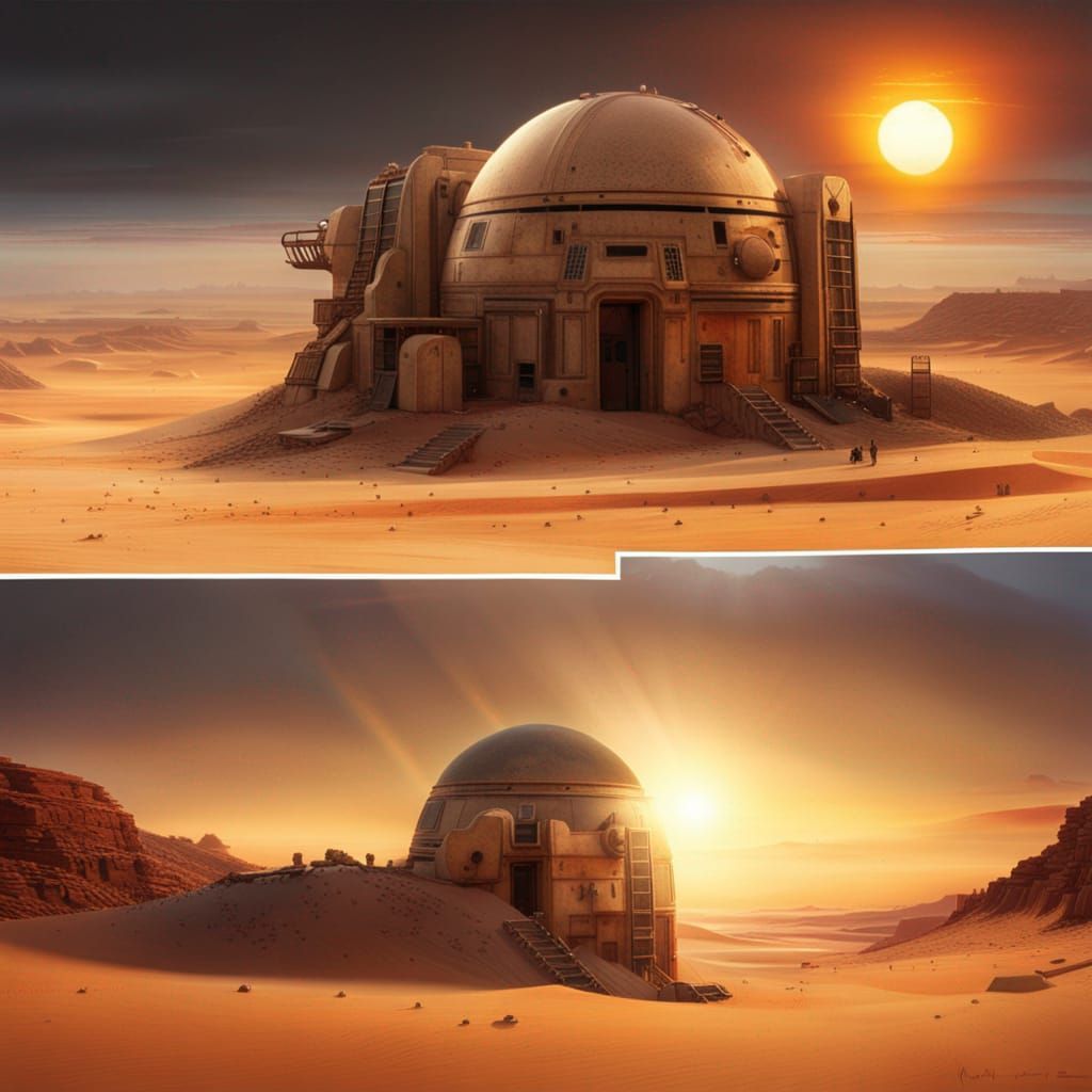 Tatooine from Star Wars and a couple of buildings one with the sun ...