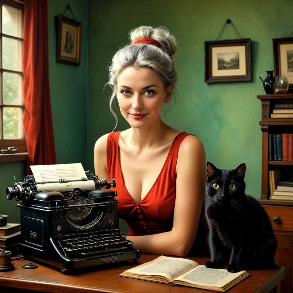 Surreal Portrait of Happy Alchemist Lady with Black Cat and ...