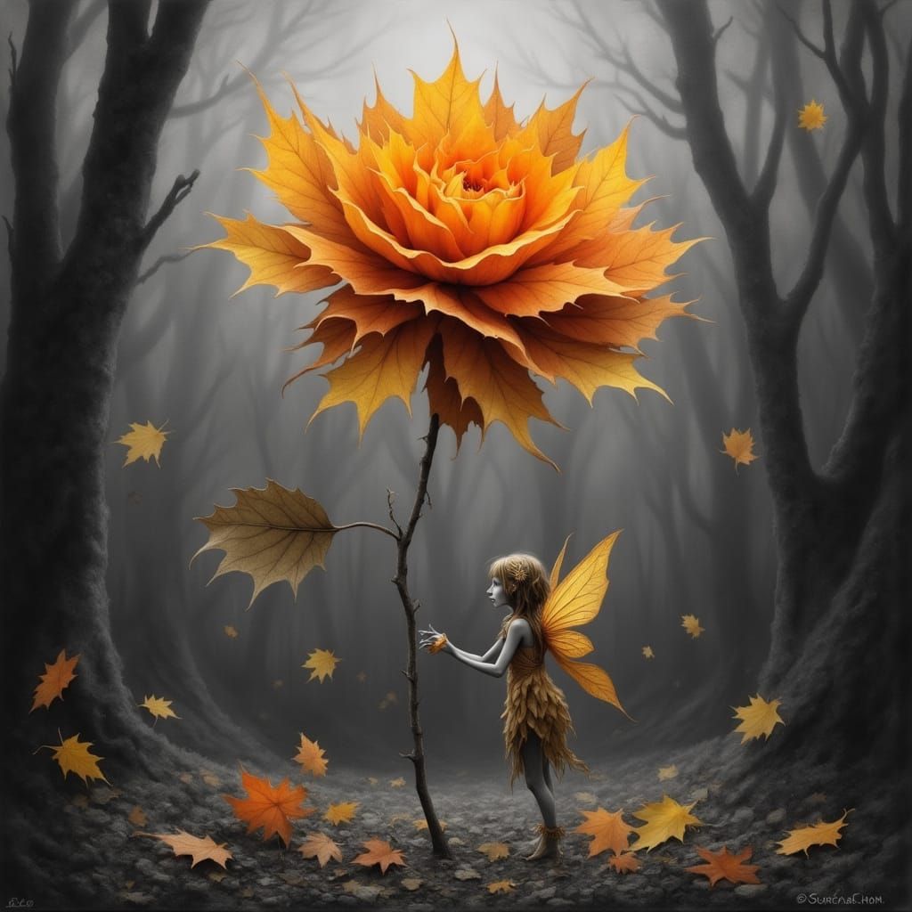 <lora:Fall Fairies 2:1.0> A rose  like  flower made of autumn leaves stands out as her motion against the graphite grayscale of forced ident...