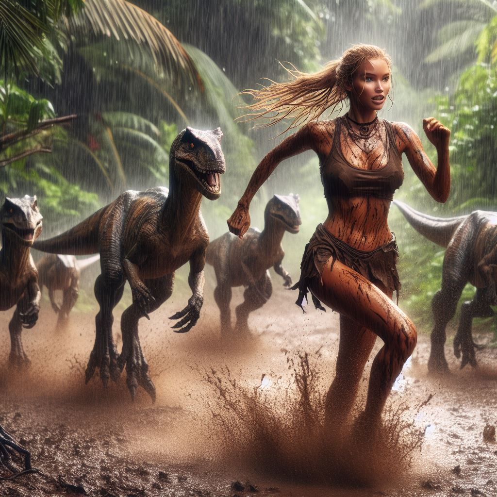 Velociraptors Chasing CaveGirl (DALLE3)