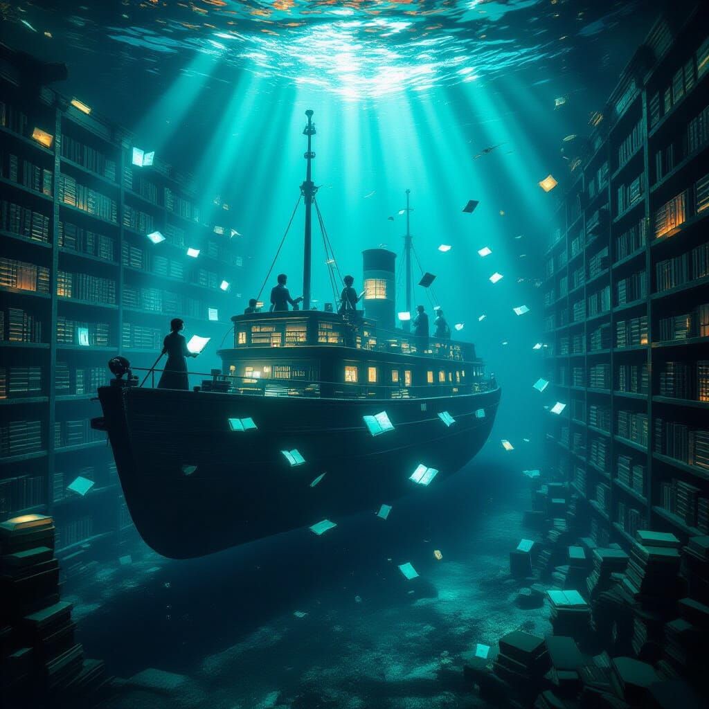 HIGHLY_CREATIVE: A submerged, forgotten library filled with glowing books and spectral librarians, accessible only by a ghostly submarine. U...
