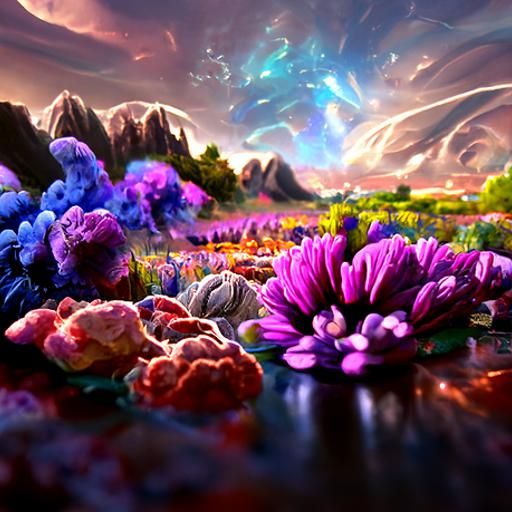 A detailed landscape painting of ethereal flowers with the c...