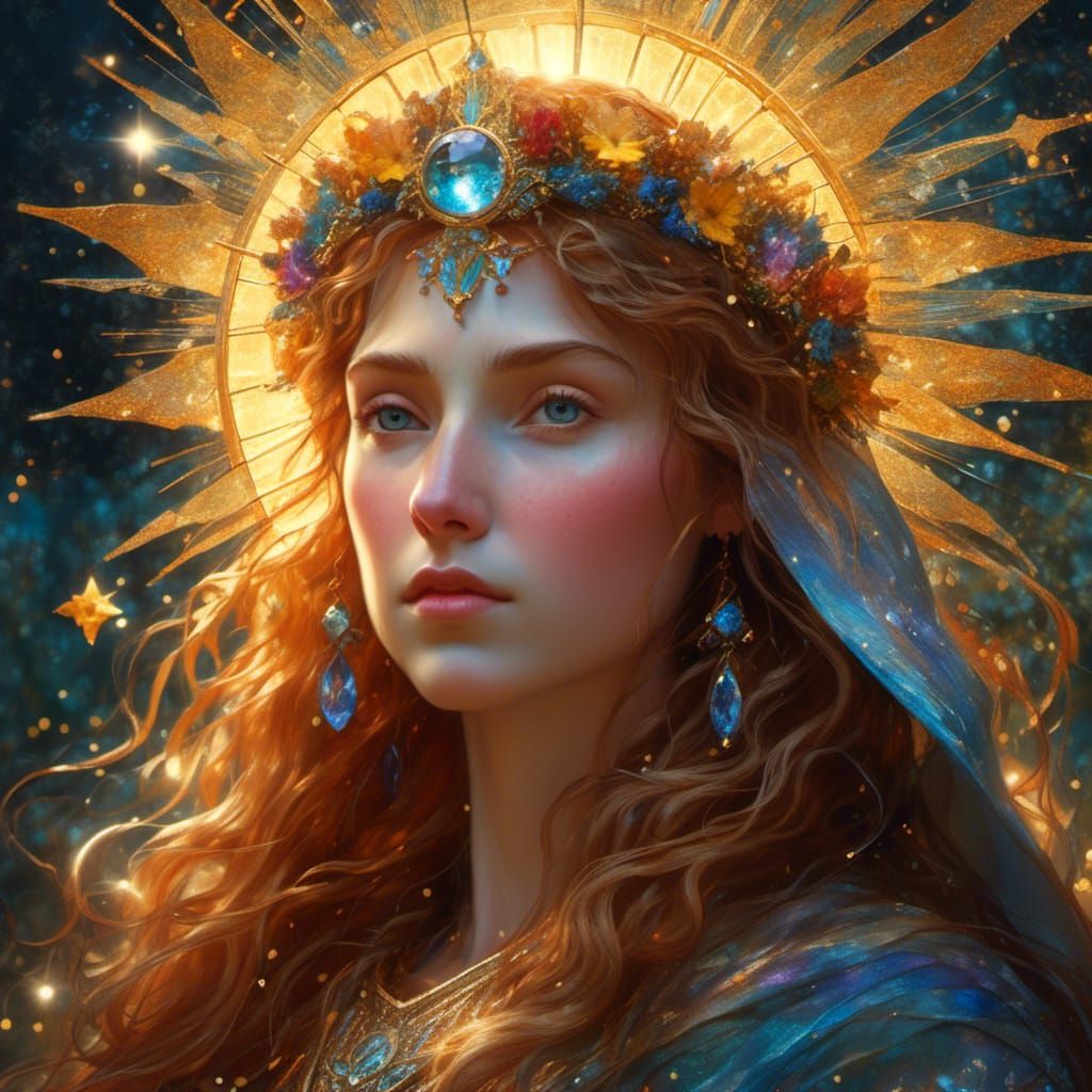 beautiful goddess of the sun sparkles, magic, luminious, beauty, shooting stars,  pre raphaelite style, Burne jones beauty, <lora:Magical:1....