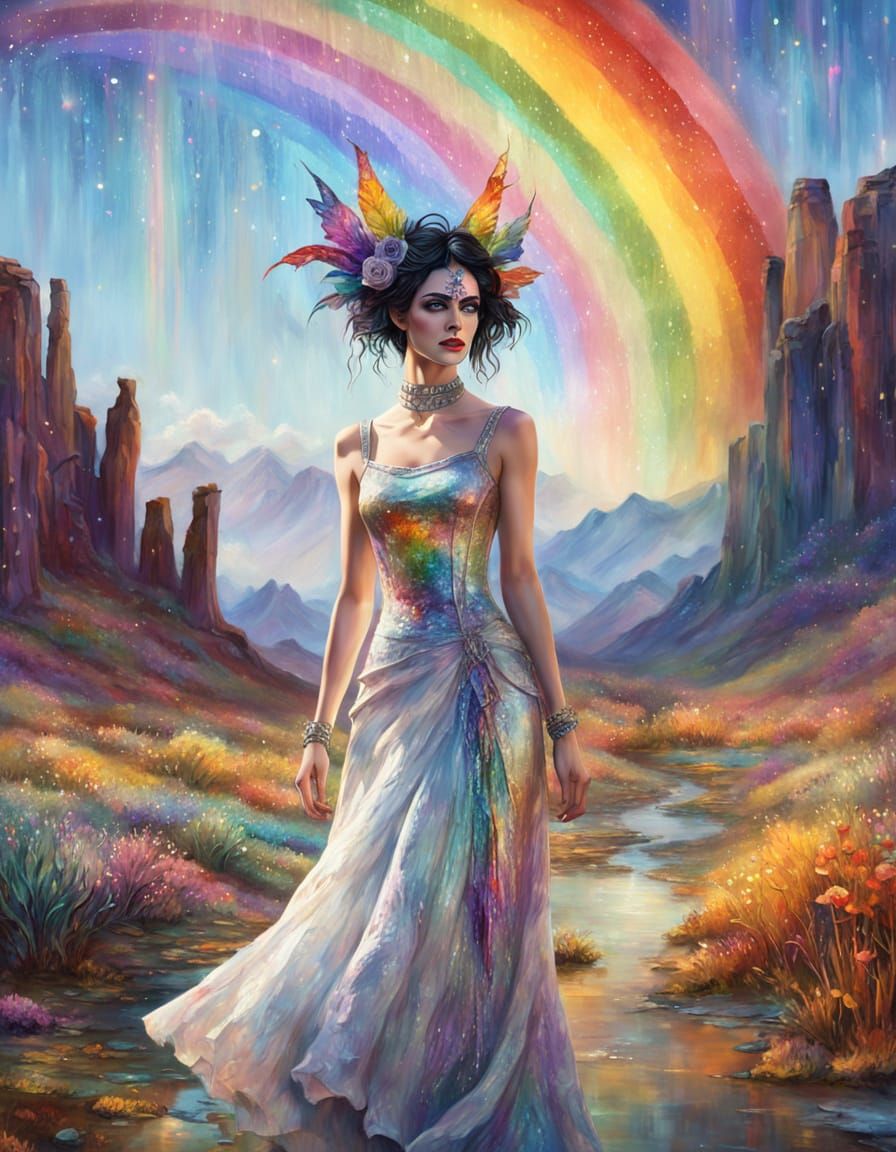 Goth Fairy in Wild West Landscape, Impasto Painting