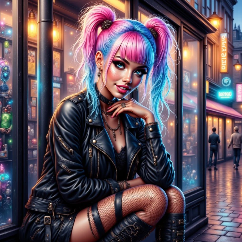 Gothic Girl with Pigtails at Bus Stop