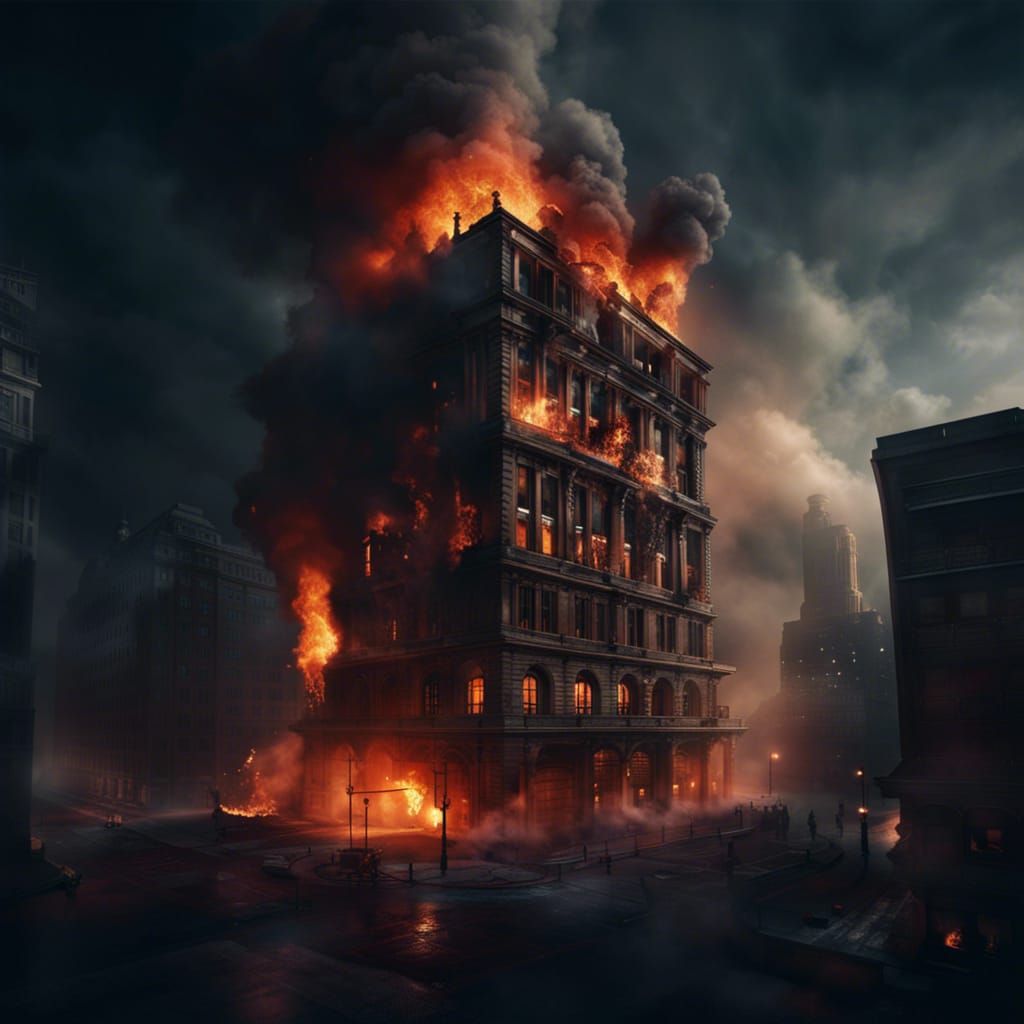 take a shot of a burning building with smoke make it realist...