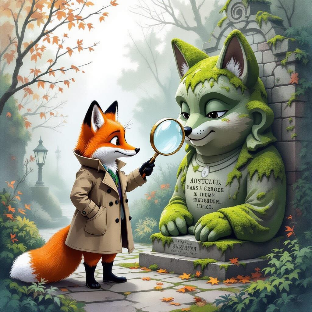 A whimsical, anthropomorphic fox detective in a trench coat examines a giant, moss-covered statue in a foggy, forgotten garden.