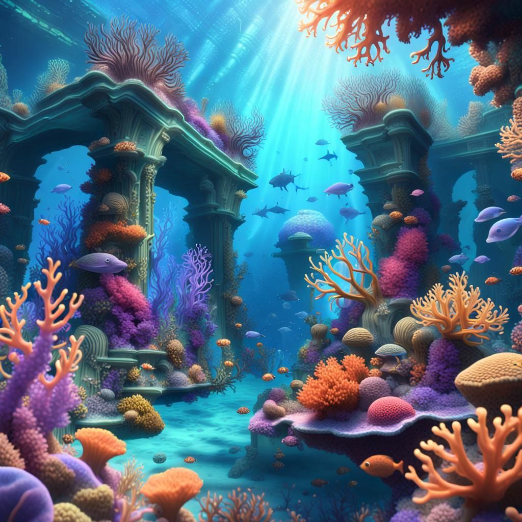 an underwater world with holographic sea creatures dancing a...