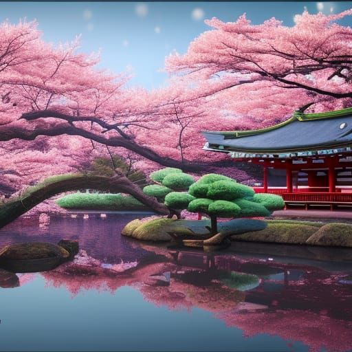 Japanese temple surrounded by cherry blossoms - AI Generated Artwork ...