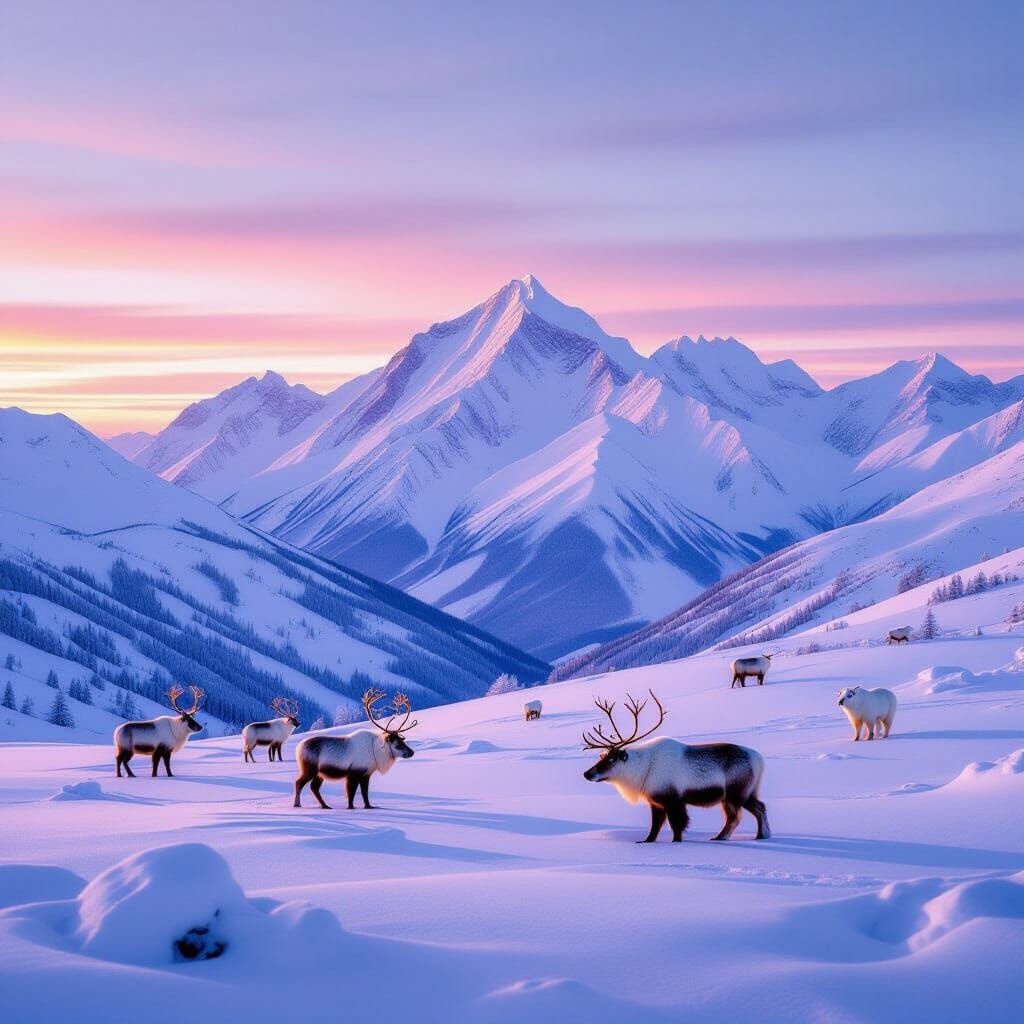 Snowy Mountain Range with Reindeer and Bears at Dawn
