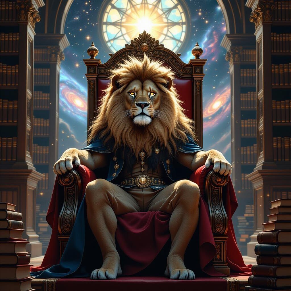 Regal Lion on Book Throne, Art Nouveau Style