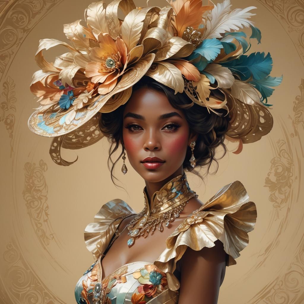 A beautiful fancy  lady wearing a large colorful elaborate fascinator at the Kentucky Derby head and ...  by @lisabynature