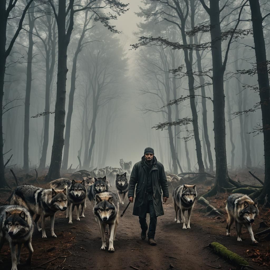 A man walking with his pet wolves