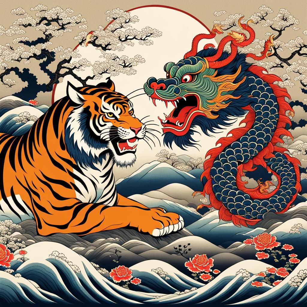 Ukiyo-e style art, a tiger and majestic chinese style dragon in battle  by @Whitedxi 